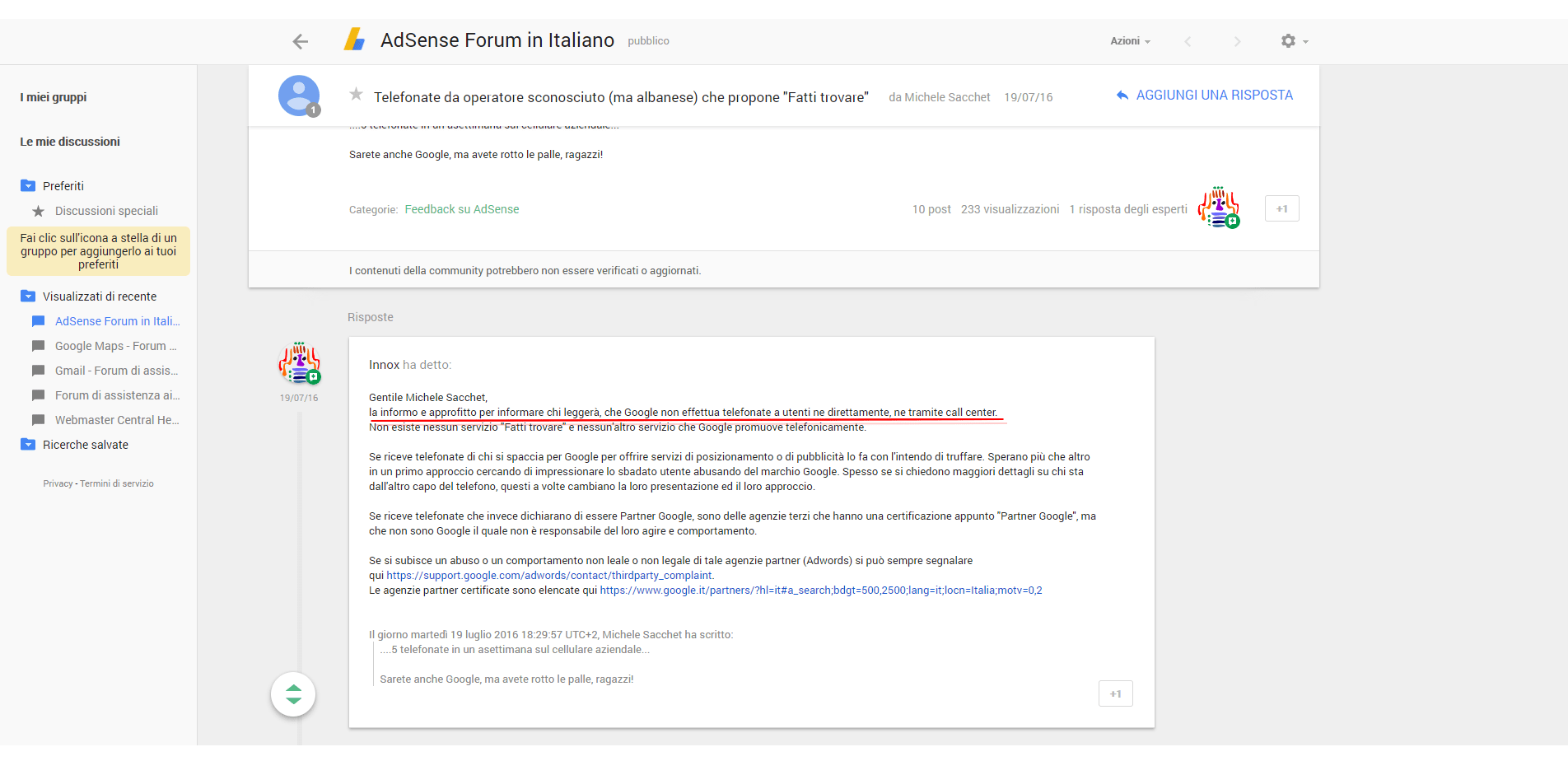 Telefonate da operatore sconosciuto ma albanese che propone Fatti trovare Forum dei prodotti Google min
